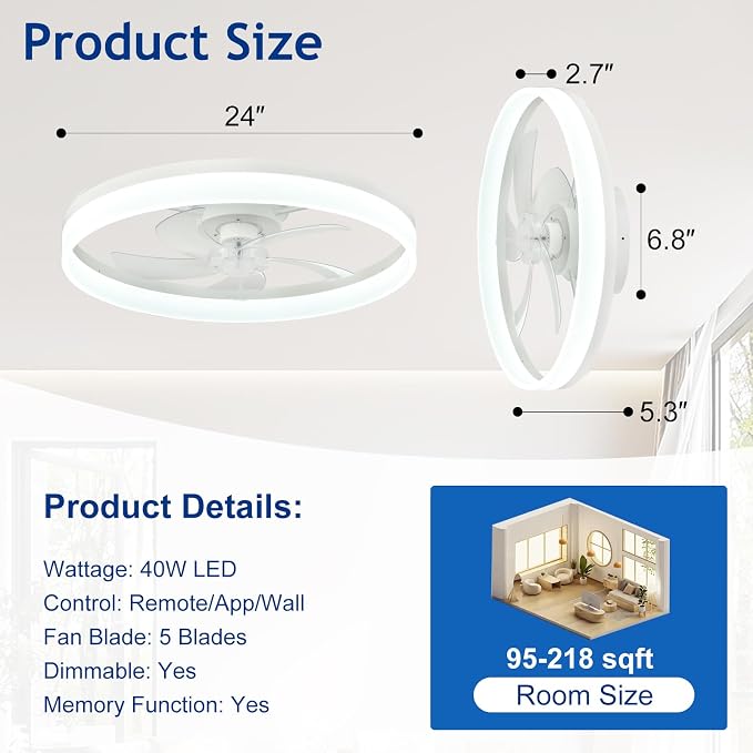 DLLT Bladeless Ceiling Fans with Lights: 24 Inch Modern Flush Mount Low Profile Ceiling Fan with APP Remote Control - White Enclosed LED Fandelier Dimmable Quiet DC Motor for Bedroom Living Room