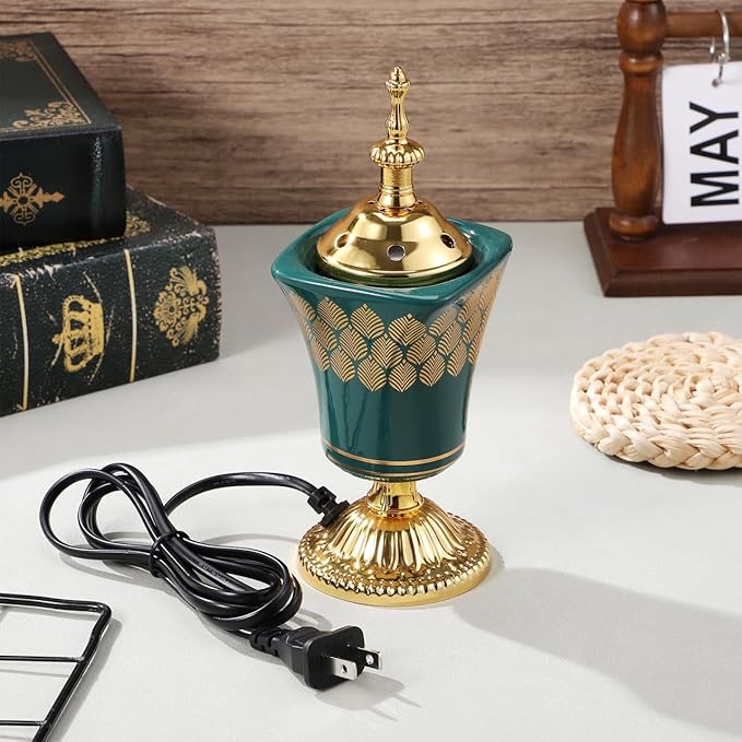 STOBAZA Electric Incense Burner 7.67In Plug-in Middle Eastern Style Censer Aroma Burner for Home Bedroom Yoga and Study Decoration with Ceramic Iron Holder Us Plug