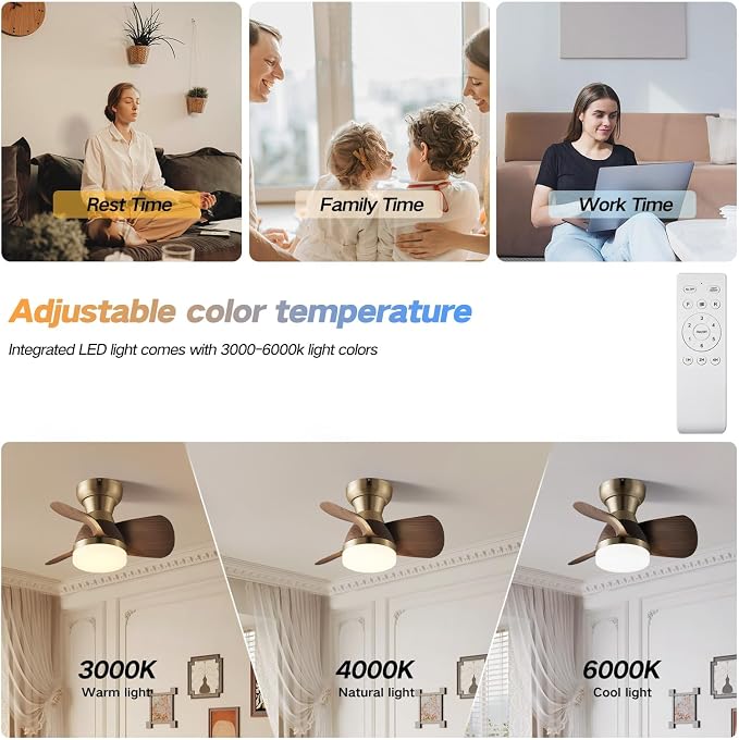 20 Inch Ceiling Fan with Light, 3 Blades Plastic Wood Grain, Brass Small Ceiling Fan with Remote Control, Suitable for Living Room, Dining Room, Bedroom