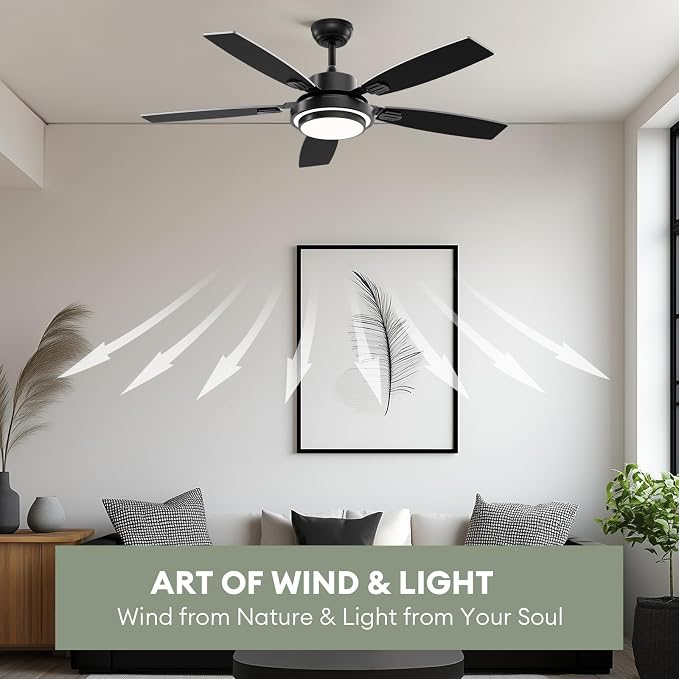 Ceiling Fans with Lights and Remote Control, 52 Inch Black Ceiling Fan for Bedroom Living Room and Patio, Medium Modern Black Ceiling Fan for Indoor and Outdoor