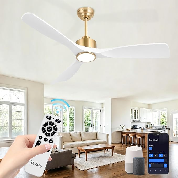 Ovlaim 52 Inch Smart Ceiling Fan with Light Remote, 6 Speed Quiet DC Motor High CFM, 3 Blade Modern White Gold Ceiling Fan for Bedroom Living Room, ETL Certified