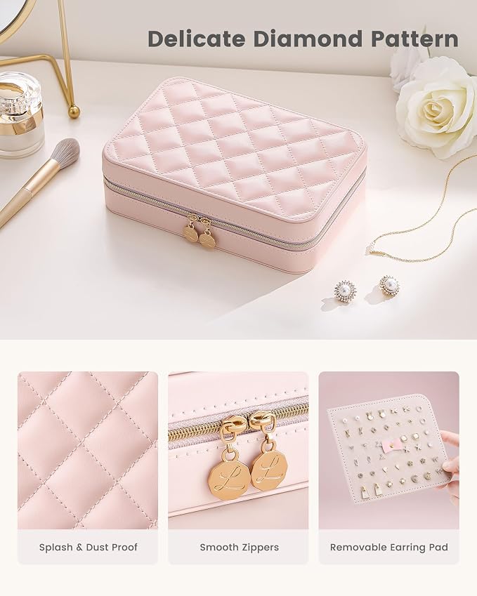 Lolalet Travel Jewelry Case for Women Girls, PU Leather Jewelry Organizer with Clear Storage Bag Small Portable Jewelry Box for Necklace Bracelet Earring Ring Birthday Bridesmaid Gifts -Large/Pink
