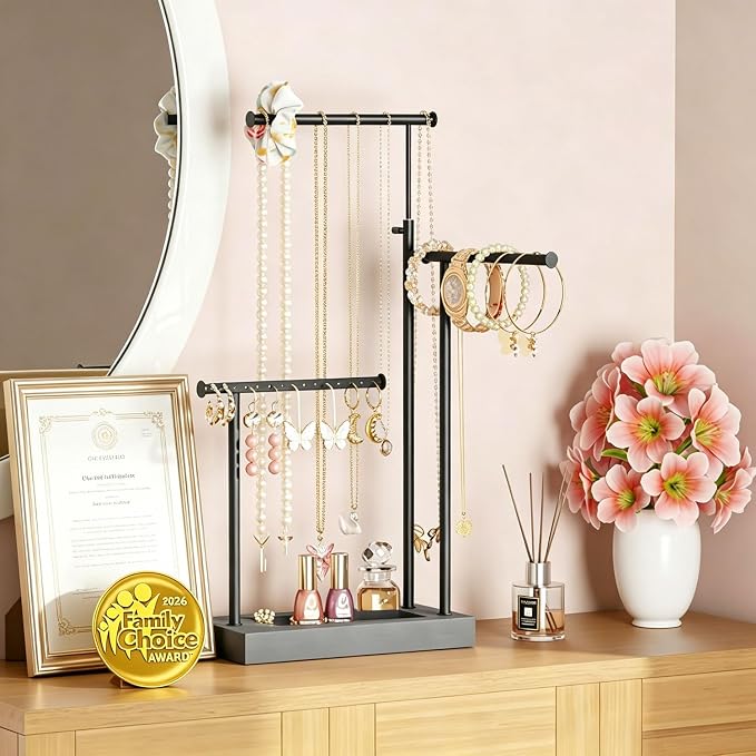 SRIWATANA Weathered Grey & Black Jewelry Organizer, 3-Tier Necklace Stand | Rustic Jewelry Stand with Wood Tray Base; Tangle-Free Storage for Long Necklaces, Earrings with Holes, and Rings