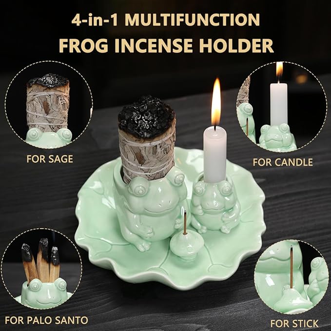 ChangWanna Multifunction 4 in 1 Frog Incense Holder, Palo Santo Holder, Sage Holder, Ceramic Incense Stick Holder for Burning - Cute Ash Catcher Tray for Yoga/Meditation/Home Room Office Decor, Green