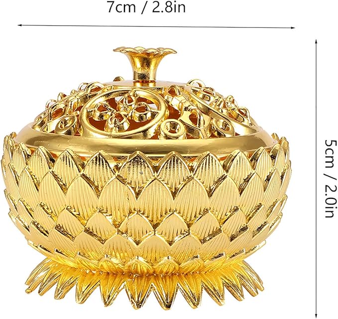 Incense Burners, Vintage Metal Burner Zinc Alloy Lotus Censer with Copper Ash Catcher Lid Feng Shui Home Office Decor for Meditation and Spiritual Relaxation 4.7" Antique Style (Gold)