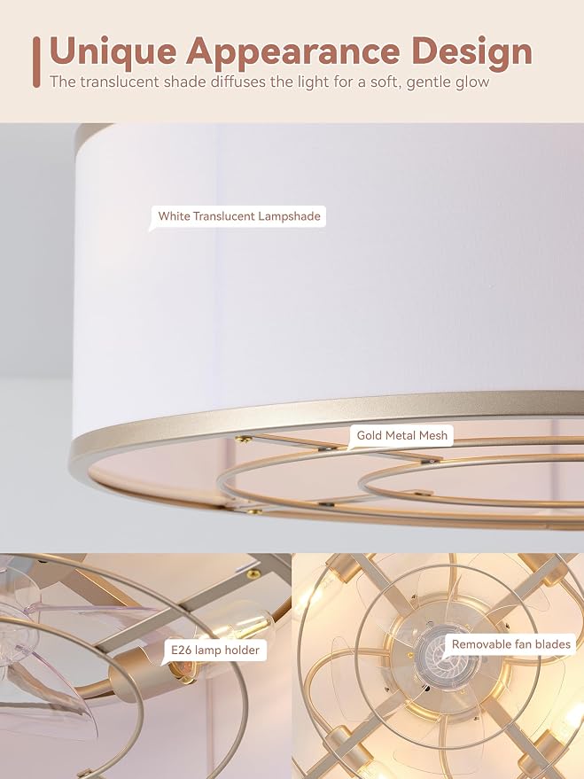 Low Profile Ceiling Fans with Lights, 20" Gold Boho Ceiling Fan with Light Flush Mount and Remote Control, Drum Caged with 6 Speeds for Bedroom, Nursery, Living Room
