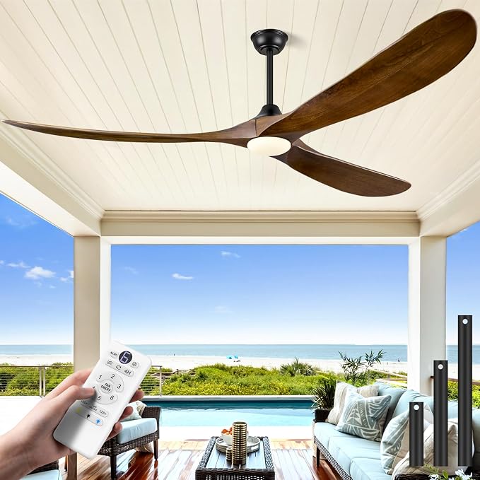 ABZ 72 Inch Ceiling Fans with Lights, Solid Wood Propeller Large Ceiling Fans with Lights and Remote Control 3 Blades Outdoor Ceiling Fan High cfm for Patios Gazebo Indoor Farmhouse, Walnut Wood
