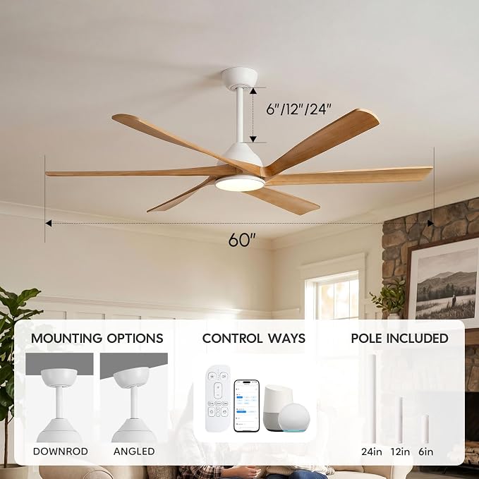 60 Inch Smart Wood Ceiling Fan with Light and Remote, Compatible with Alexa/App, 6 Solid Walnut Blades, ETL Listed Quiet DC Motor, Damp Rated Farmhouse Ceiling Fan for Covered Patio, Living Room