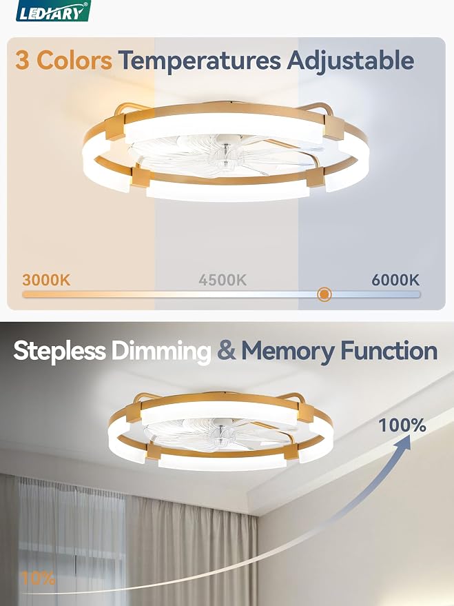 LEDIARY 24" Ceiling Fans with Lights and Remote, Modern Low Profile Ceiling Fan, 3 CCT, Stepless Dimmable, Fandelier Flush Mount Fan Light, 6 Speeds, DC Motor, App & Remote Control for Bedroom(Gold)