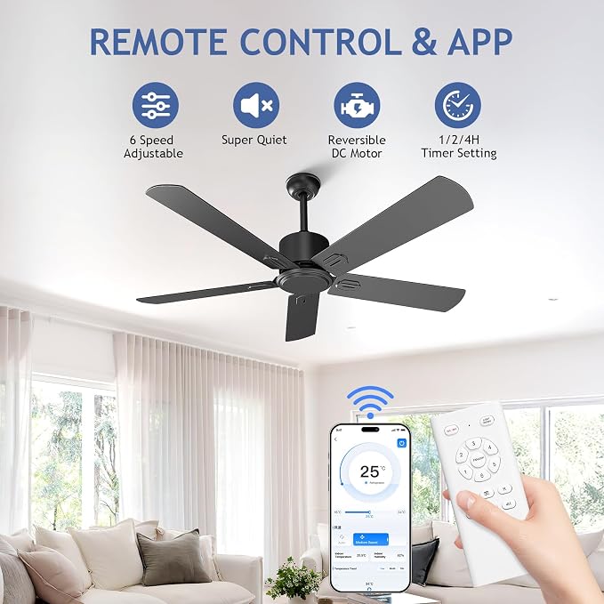 Obabala 52 Inch Ceiling Fan No Light, Outdoor Indoor Flush Mount Low Profile DC Motor Fan with Remote and APP, 5 Blades Reversible Silent Fan for Patio, Bedroom, Living Room, Garage, Black