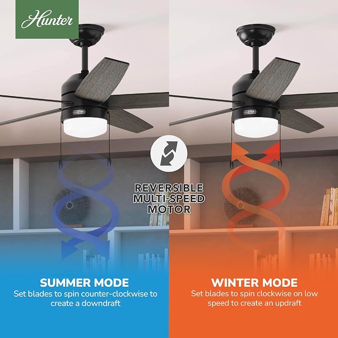 Hunter Bardot, Indoor, Ceiling Fan, Modern, 5 Blades, 52 inch, Matte Black | with LED Light and Pull Chain, Standard Mount, For Bedroom, Living Room, Kitchen, 52491