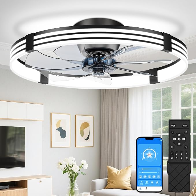 VOLISUN Low Profile Ceiling Fans with Lights and Remote, 24in Flush Mount Ceiling Fan with Light, 3000K-6500K Dimmable Fandelier LED Fan Light, Black Bladeless Ceiling Fans with Lights for Bedroom