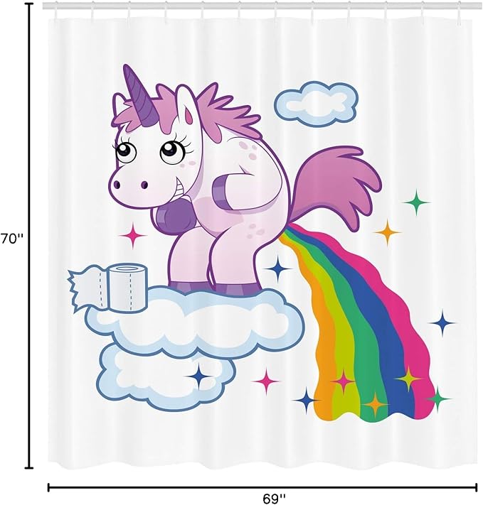 Ambesonne Funny Shower Curtain, Unicorn Pooping Rainbow Over Clouds Creative Girls Fantasy Cartoon, Cloth Fabric Bathroom Decor Set with Hooks, 69" W x 70" L, Pale Purple