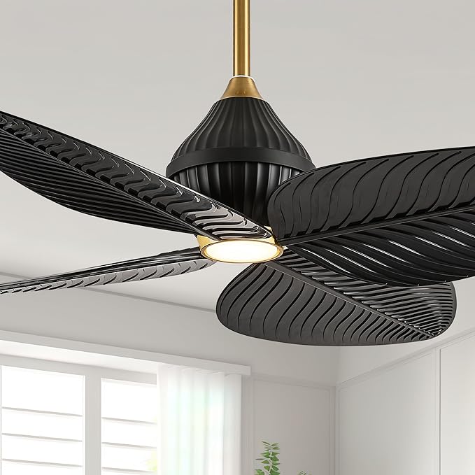 52" Tropical Ceiling Fans with Lights, Indoor Palm Leaf Ceiling Fan with Light and Remote for Living Room Bedroom, ABS Blades, Dimmable LED Lights, 6 Speeds, Adjustable Height-Black Gold