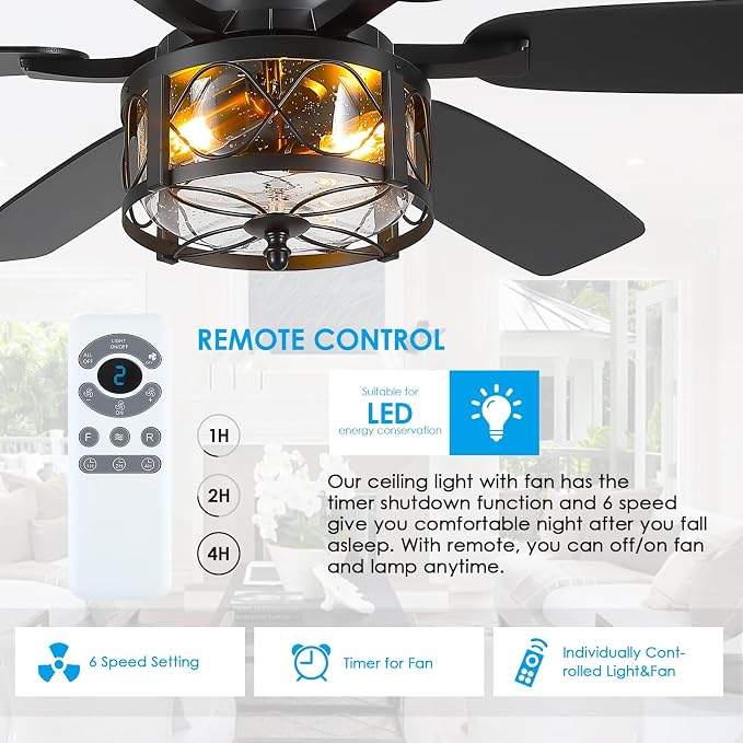 Hounberi 52" Farmhouse Ceiling Fans with Lights and Remote, Black Industrial Ceiling with Seeded Glass, 6-Speed Reversible DC Motor, Caged Ceiling Fans for Living Room Bedroom