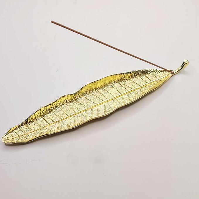 Cute Snail Incense Sticks Holder and 10 Inches Leaf Incense Burner Ash Catcher, Incense Holder Decor Set for Meditation Room, Yoga, Home, Office (Gold)