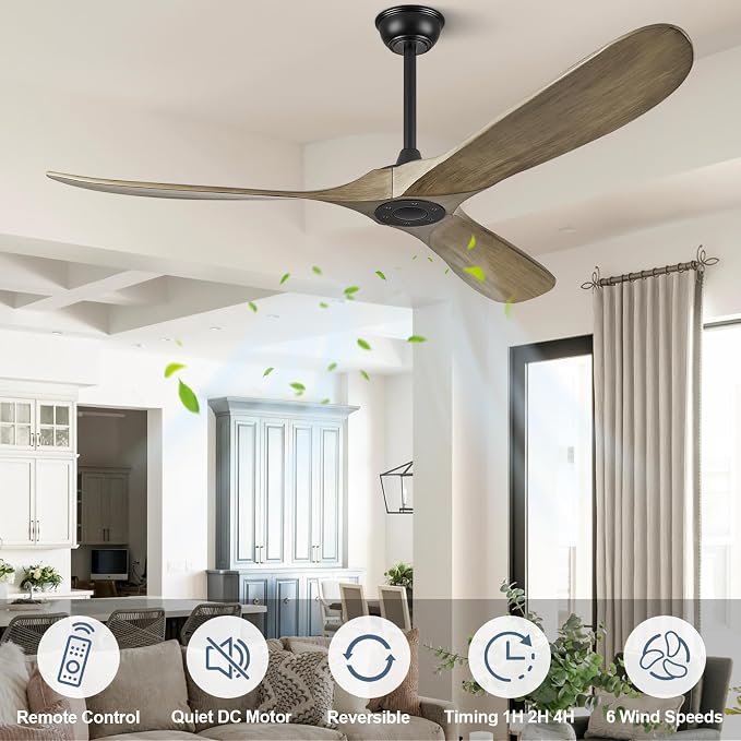 ABZ 60" Ceiling Fan without Light - 60 inch Propeller Solid Wood Blades Bronze Gray Ceiling Fan no Light with Remote Control for Outdoor Indoor Patio Porch Living Room