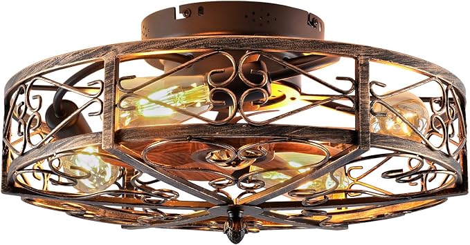 20" Flush Mount Caged Ceiling Fan with Lights, 6 Speeds Fandelier with Remote, Low Profile Farmhouse Ceiling Fan for Bedroom Kitchen