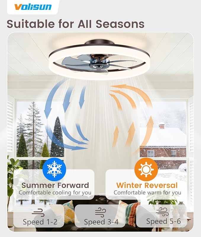 VOLISUN Low Profile Ceiling Fans with Lights and Remote, 24in Fandelier Ceiling Fan Flush Mount, 3000K-6500K Smart Bladeless LED Fan Light, Brown Modern Ceiling Fans with Lights for Bedroom