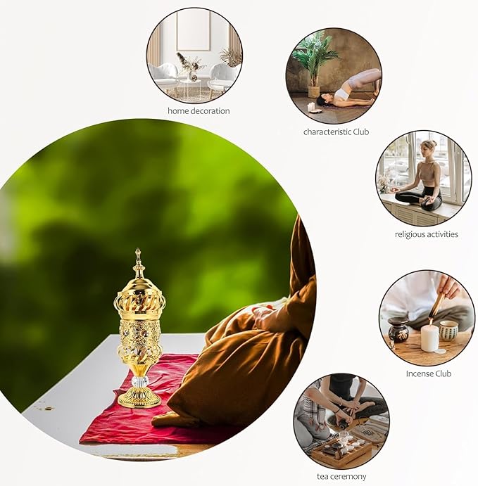 RCFINE Electric Incense Burner Bakhoor Metal Incense Burner Middle Eastern Style Arabic Incense Burner for Aromatherapy Yoga Spa Home Tabletop Decoration (Gold)