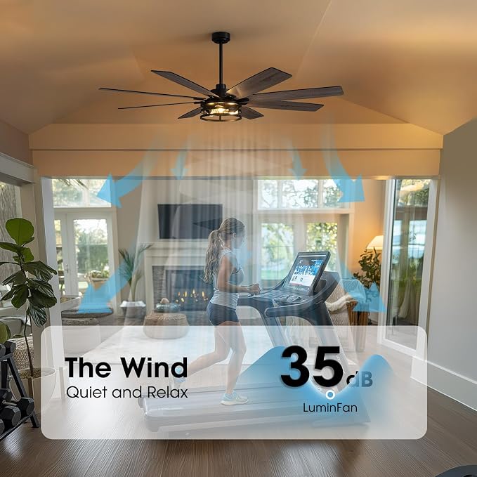 LuminFan 72 inch Large Ceiling Fans with Lights and Remote, Black Modern Ceiling Fan for Living Room, Patios, 6 Speed Reversible Quiet DC Motor, 8 Blades, Easy to Install