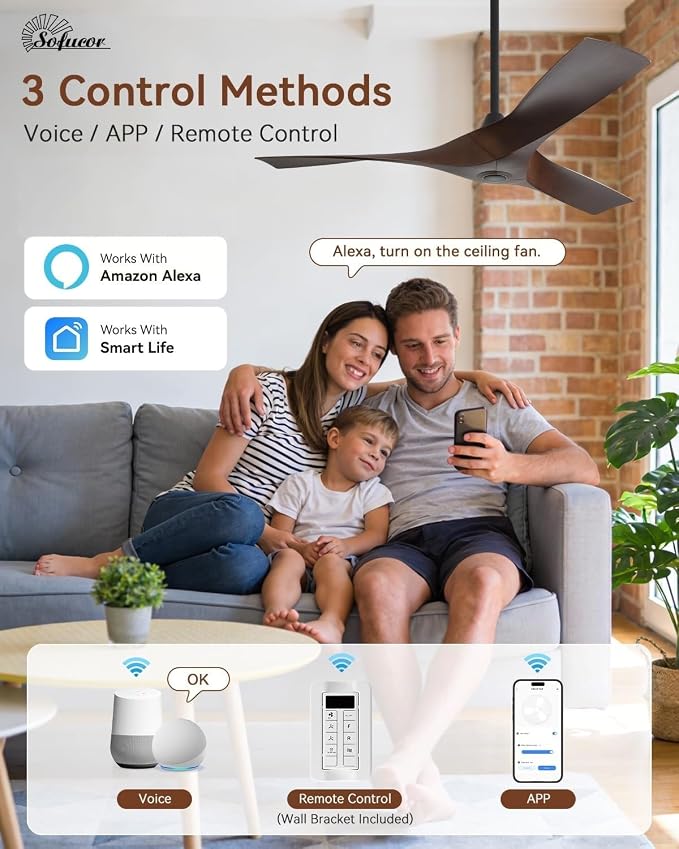 Sofucor 52 Inch Smart Ceiling Fan No Light, Modern Ceiling Fan with 3 Plastic Blades, Compatible with Alexa/Google/App, 6 Speeds 4500CFM, Timer Quiet Reversible DC Motor, ETL/FCC