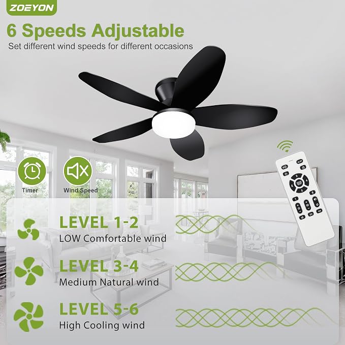 Small Ceiling Fan with Light - 35 Inch Flush Mount Ceiling Fan with Lights and Remote, Low Profile Ceiling Fans with 5 Reversible Blades, 6 Wind Speeds, Black Ceiling Fans for Bedroom