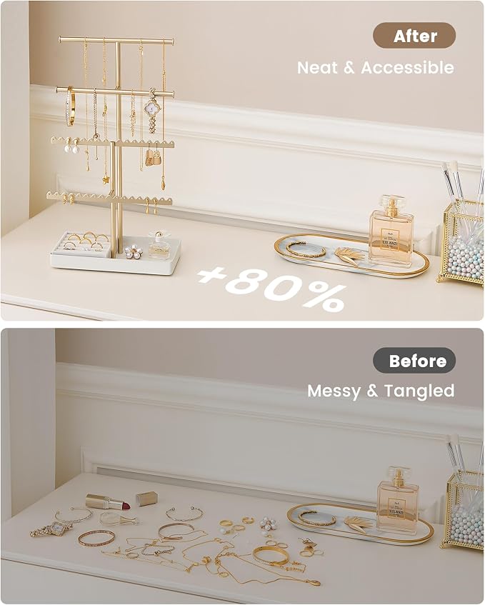 Lolalet 4-Tier Jewelry Organizer Stand, Metal Jewellery Holder, Dresser Display Rack for Necklace Earring Bracelets Rings, Gift for Women Girls -Gold
