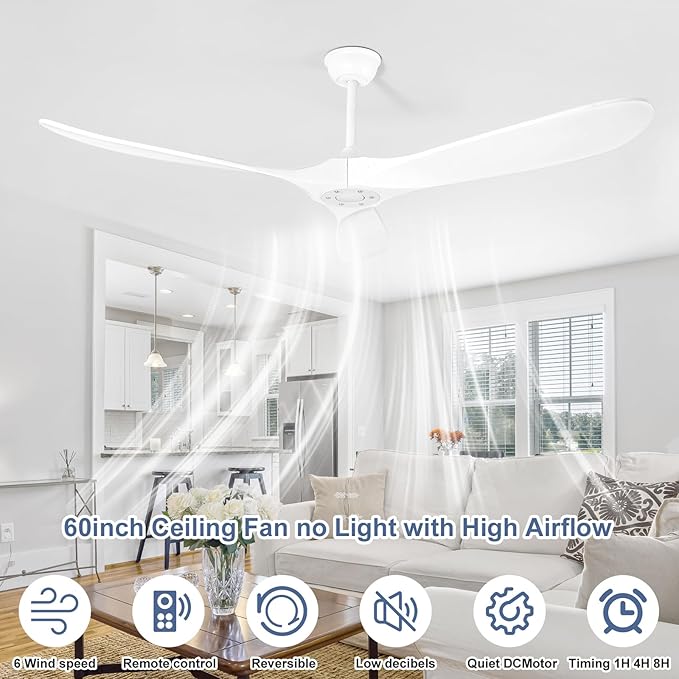 Solid Wood Ceiling Fans no Light,60'' White Ceiling Fan with Remote Control,DC Motor with Large Airflow,Indoor and Outdoor Ceiling Fan for Living Room,Bedroom,Patios