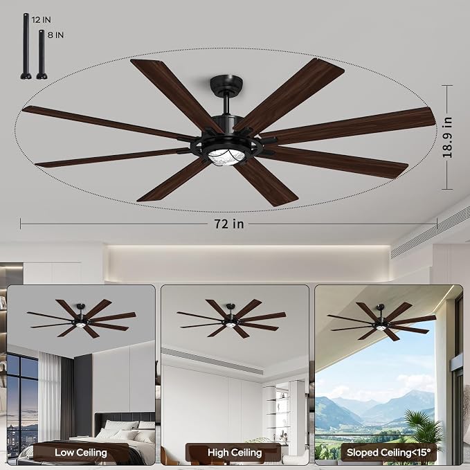 TALOYA 72 Inch Ceiling Fans with Lights and Remote Flush Mount Low Profile for Living Room Farmhouse Bedroom Patio Outdoor Dining Room,DC Motor,Reversible,Buzzer Mute,Dimmable Led Light,Rustic,Black