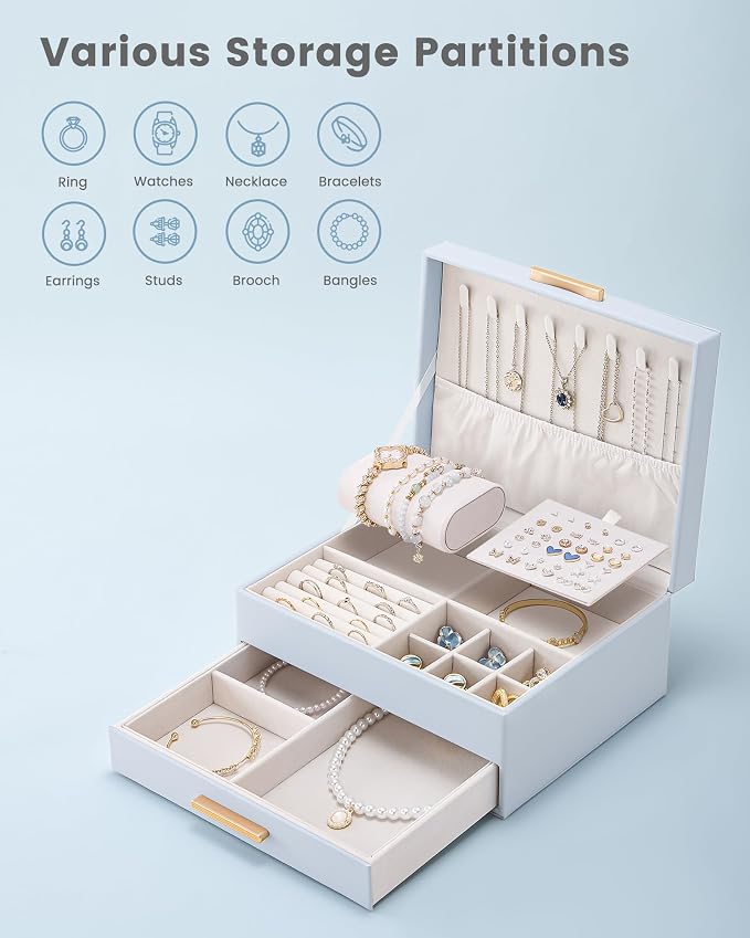 Lolalet 2-Layer Jewelry Box Organizer Holder for Women Girls Mom -Blue | Jewelry Storage Case with Drawers for Necklaces Ring Earrings Bracelet Watch, Gifts Choice for Mom Mother’s Day