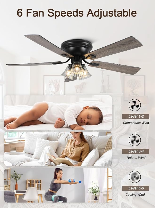 52 Inch Vintage Flush Mount Ceiling Fan with Lights and Remote | Farmhouse Rustic Fandelier, Low Profile Antique Chandelier, 3 E26 Bulbs 5 Blade, for Bedroom Living Room