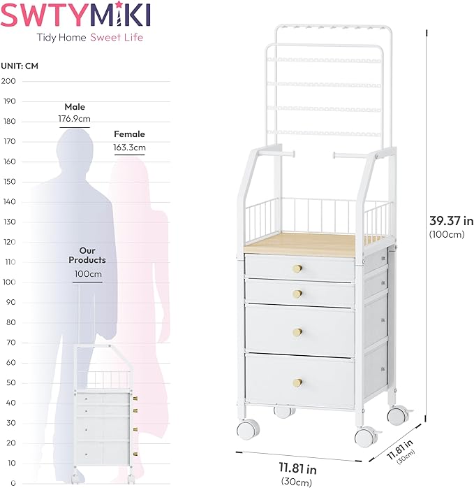 SWTYMIKI Jewelry Organizers and Storage- Multifunctional Stand Jewelry Organizer Cabinet for Necklace, Earring, Ring & Bracelet - Jewelry Box Necklace Holder with 4 Nonwoven Drawers & Wheel White