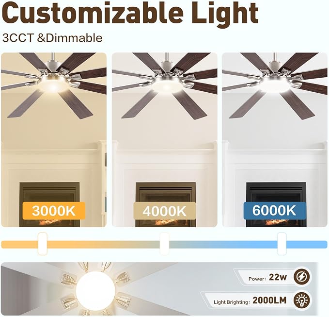 72 Inch Large Smart Ceiling Fan with Light and Alexa/APP(via WiFi),Brushed Nickel Indoor Outdoor Ceiling with Remote for Bedroom Patio,6 Speed,Quiet DC Motor,3CCT,8 Wooden Blades