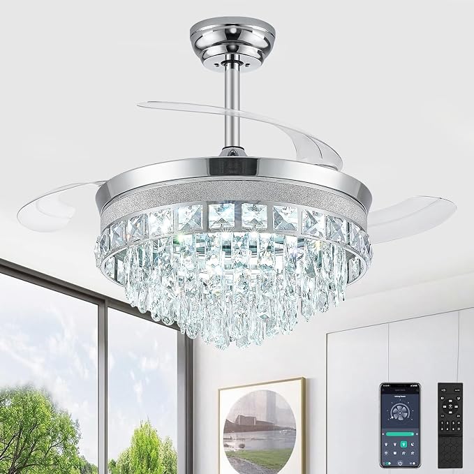 42 Inch Fandelier Ceiling Fan with Light, Chandelier Ceiling Fans with Lights, Crystal Ceiling Fans for Bedroom Living Room, LED Dimmable, 6 Wind Speed,3 Color Temperatures-Chrome