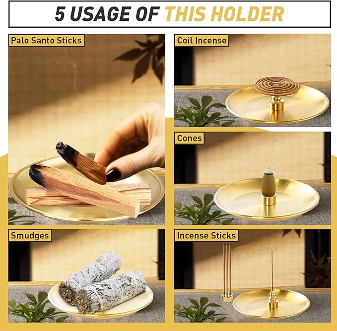 Incense Holder 5.5 inches, 5 in 1 Incense Burner, Palo Santo Holder, Sage Holder, Incense Holder for Sticks/Coil Incense/Incense Cones, Brass Insence Sticks Holder Meditation Accessories for Yoga Room