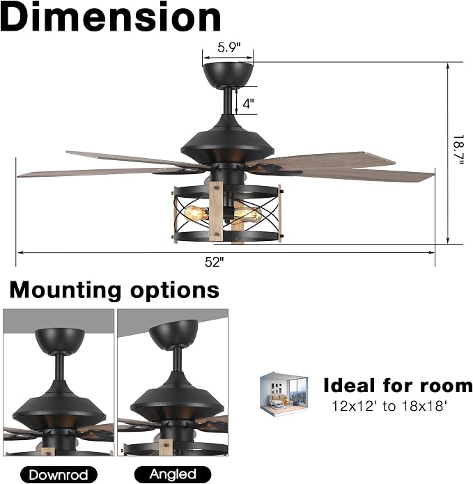 52 Inch Ceiling Fans with Lights & Remote Control, Farmhouse Caged Ceiling Fans 3 Speeds Adjustable, Reversible Motor with Timer Function, Outdoor Ceiling Fan for Living Room, Bedroom
