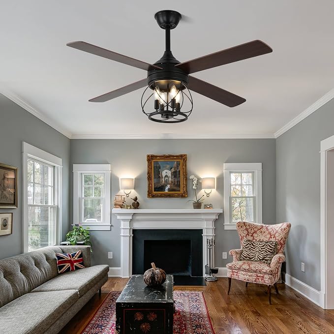 52 Inch Farmhouse Ceiling Fan with Light and Remote Industrial Ceiling Fan Quiet and Reversible DC Motor Rustic Caged Chandelier Fan for Living Room Bedroom Patio (Caged Frame)