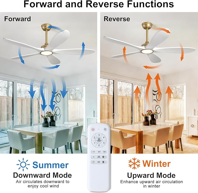 52 Inch White and Gold Ceiling Fans with Lights and Remote Control, Modern 3 Blade Wood Ceiling Fan, Small Indoor Ceiling Fan with Light for Living Room, Quiet DC Motor, Dimmable LED Light
