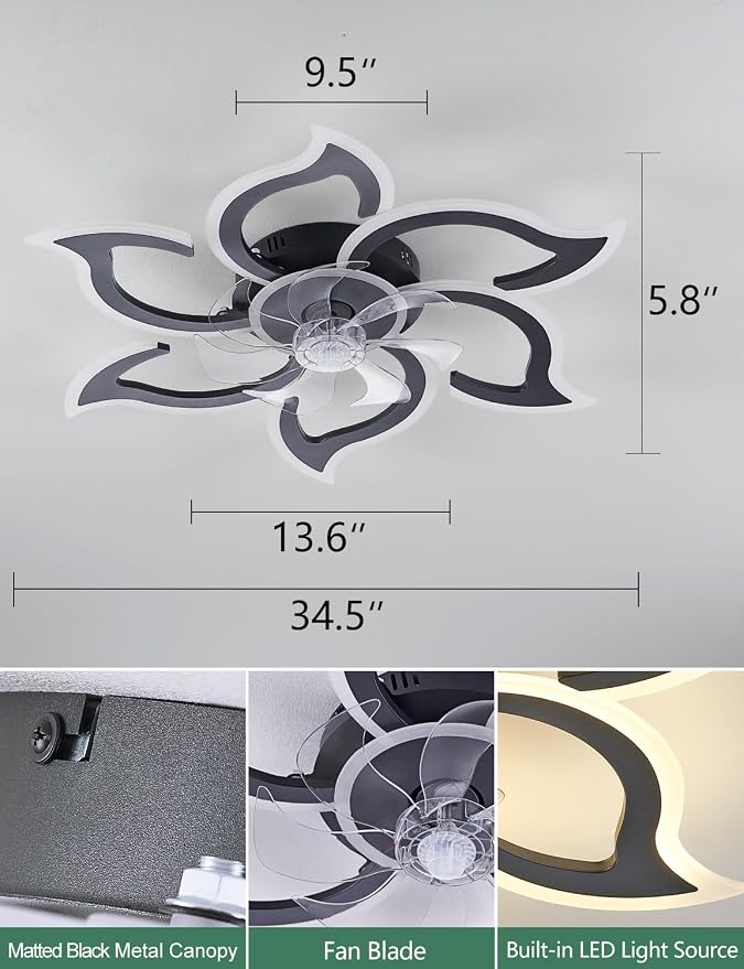 Flower Ceiling Fans with Lights and Remote, 34.5 Inch Modern Low Profile Flush Mount Ceiling Fan, Dimmable LED Ceiling Light Fixture, Small Ceiling Fans for Bedroom, Kitchen, Indoor-Black