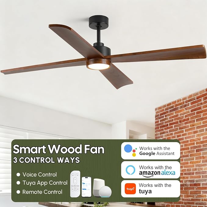 60 Inch Outdoor Smart Ceiling Fan with Light for Patio Damp Rated -High CFM Propeller 4 Wood Blades for Large Room, Rustic Farmhouse, Alexa/Tuya App/Remote Control, Quiet DC Motor, Porch, Gazebo