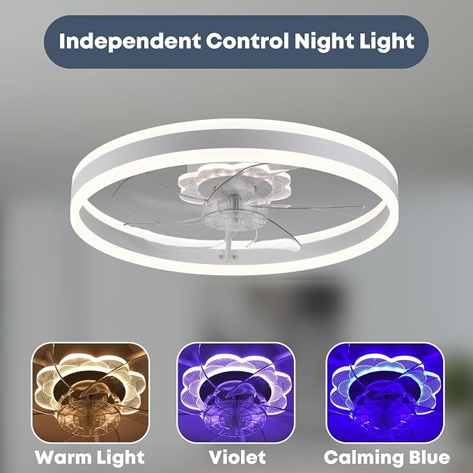 FSZDORJ 24'' Ceiling Fan with Light and Remote, Low Profile Ceiling Fan with Light, Dimmable Flush Mount Ceiling Fan Light, 6 Speeds Fan, App&Remote Control, Fandelier Quiet Fan for Bedroom F105 White