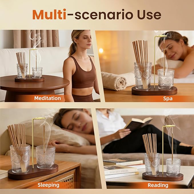 2 in 1 Incense Holder for Sticks, Vintage Glass Upside Down Incense Burner with Removable Ash Catcher & Solid Wood Base, Anti-Ash Flying Catcher for Meditation, Yoga, Spa & Home Decor- Brown