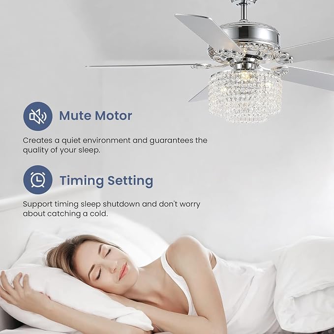 52 Inch Crystal Ceiling Fan with Light and Remote Control, Modern Chandelier Fan with 5 Reversible Wood Blades Chrome Fandelier for Living Room Bedroom (Fine line Crystal-Ceiling Fan)