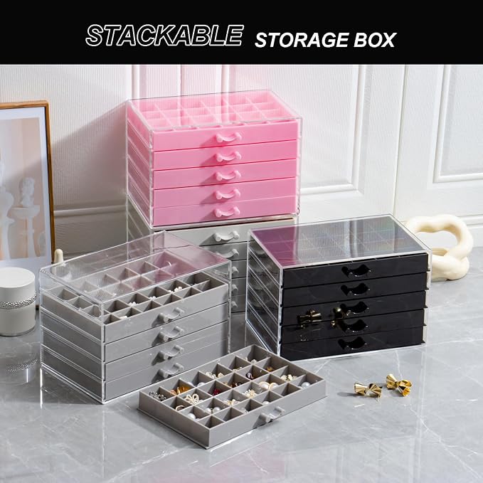 YUFONG Earring Storage Box Organizer, Acrylic Jewelry Storage Box Holder 5 Drawers Transparent Jewelry Display Stand with 120 Small Compartments Gift Boxes for Women Girls (Pink)