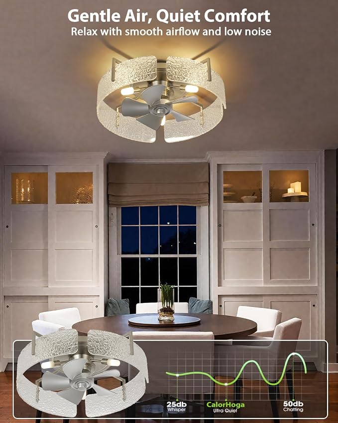 20" Low Profile Caged Ceiling Fan with Light, Modern Flush Mount Ceiling Fans with Remote, Silver Fandelier Ceiling Fan with Reversible DC Motor, Small Ceiling Fans for Bedroom Living Room
