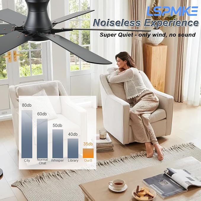 52 Inch Ceiling Fans with Lights, Low Profile Ceiling Fan with Light and Remote, Quite DC Motor,Flush Mount, 3CCT, Dimmable, Brown RGB Ceiling Fan for Bedroom, Living Room, Indoor/Outdoor Use