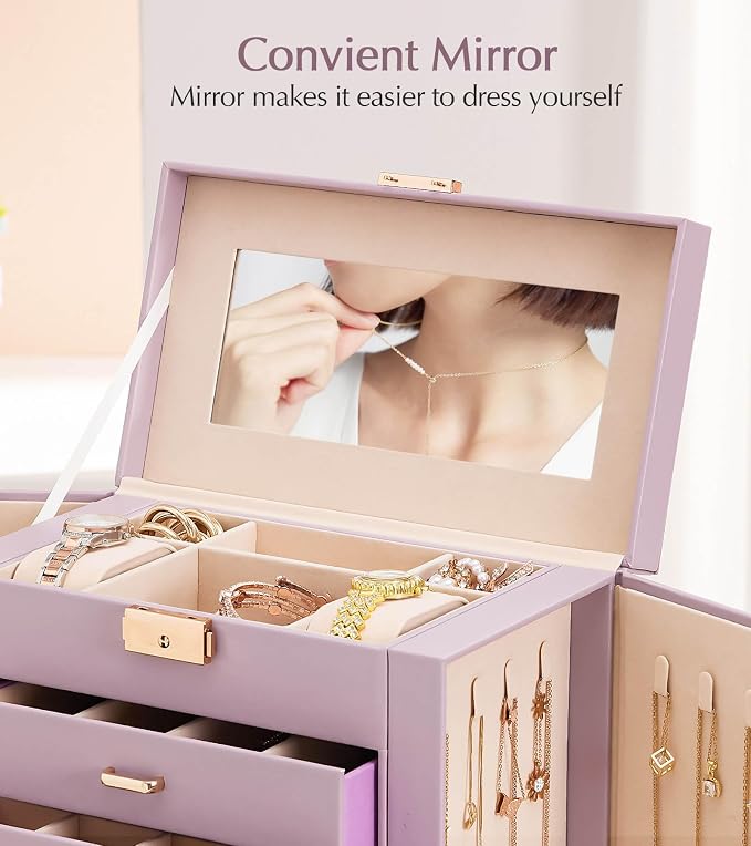 Homde Jewelry Box Large for Women: 6 Layers 5 Drawers Organizer with Mirror for Ring Earring Necklace - Storage Holder with Lock for Dresser (Gray Purple)