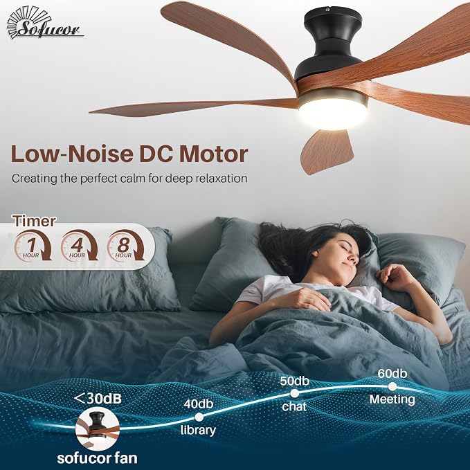 Sofucor 52 Inch Low Profile Ceiling Fan with Light, Flush Mount Outdoor Ceiling Fan with Remote for Farmhouse Bedroom Living Room Patio, Dimmable LED High Airflow Quiet Reversible DC Motor