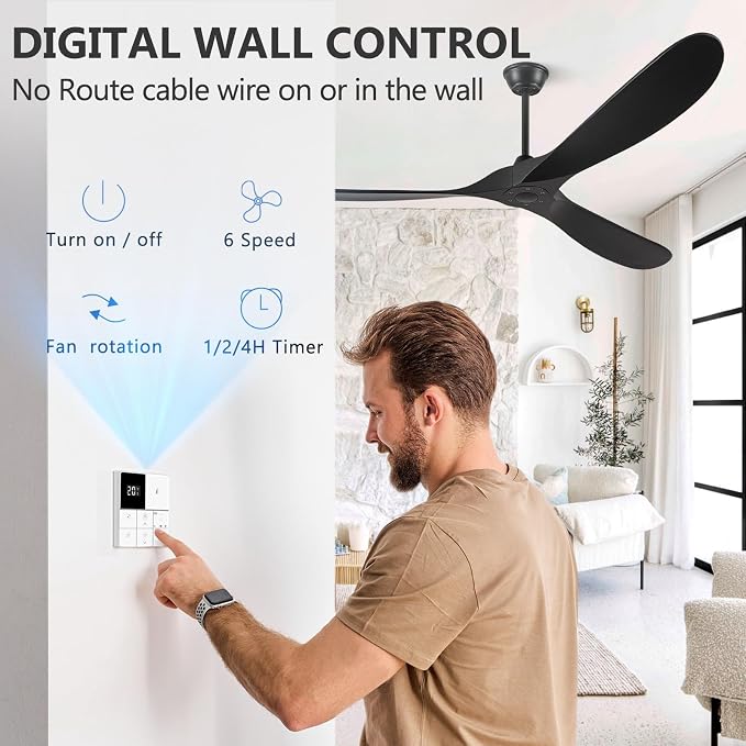 Eliora 72 Inch Ceiling Fan With Remote And Wall Switch,Large Wood Ceiling Fan Without Light 3 Blades,Outdoor Ceiling Fans 6 Speed,Quiet DC Motor for Patios-Black